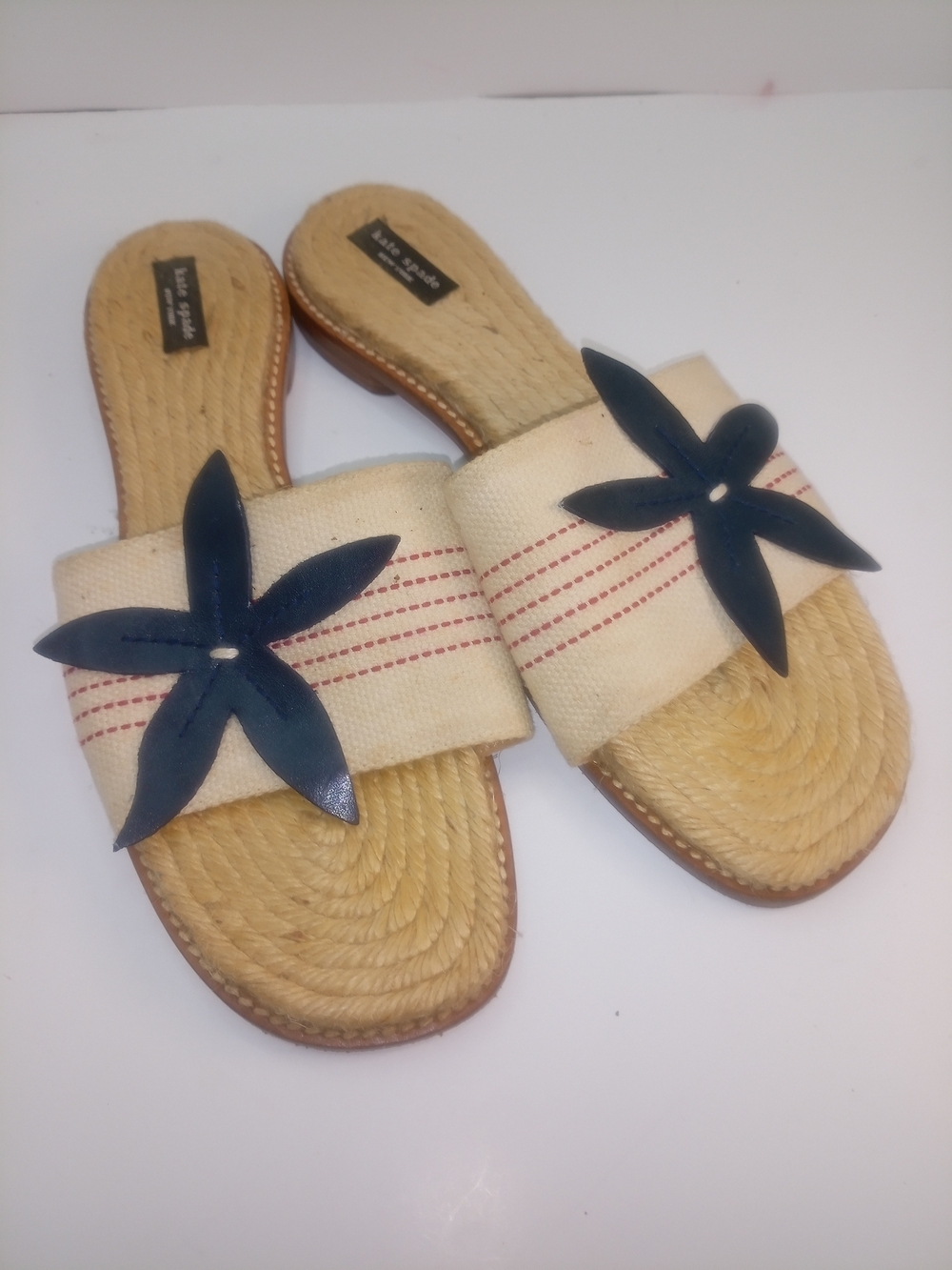 kate spade Natural Raffia Slide Sandals with Navy Floral Accent